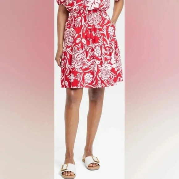 Knox Rose Skirt Red White Tropical Floral Rayon Drawstring Waist Sz. XL NWT - Picture 2 of 10
